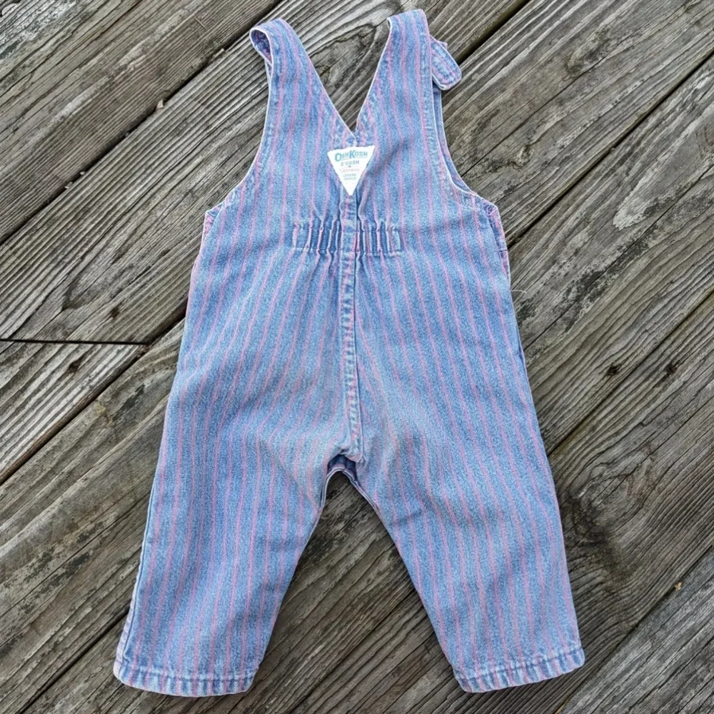 Vintage Oshkosh B'Gosh 6/9 M Vestbak Overalls Striped Denim Blue Pink